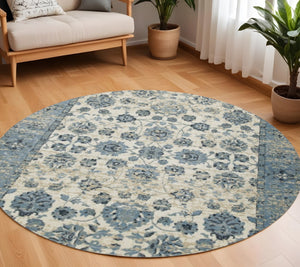 HomeRoots 5' Ivory and Sky Blue Oriental Area Rug – Timeless Charm, Durable, Stain Resistant, Easy Care Comfort 8' Round 475593