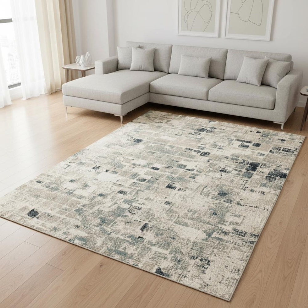 HomeRoots 5' Blue and Beige Abstract Area Rug - Modern, Stain-Resistant Design for Stylish Home Décor 8' X 11' 475597
