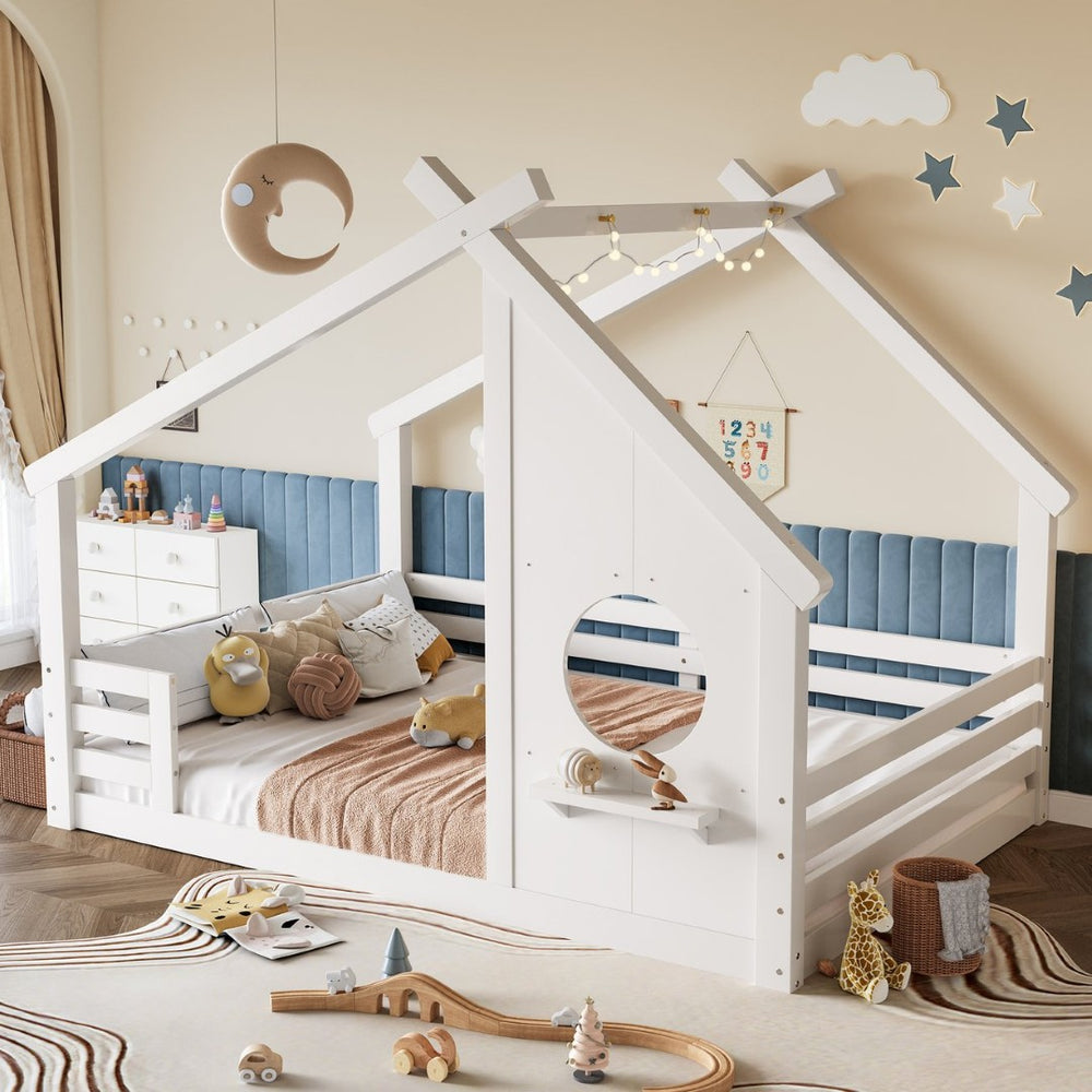 English Elm Twin House Bed Low Profile Pine Wood Frame with Shelf Montessori Kids Floor Sleeping Light White W5305P429644