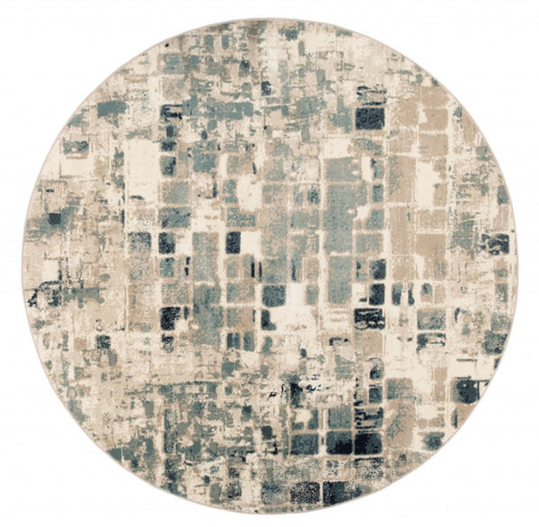 HomeRoots 8' Abstract Geometric Area Rug in Blue and Beige - Stylish, Stain-Resistant Design for Modern Homes 8' Round 475598