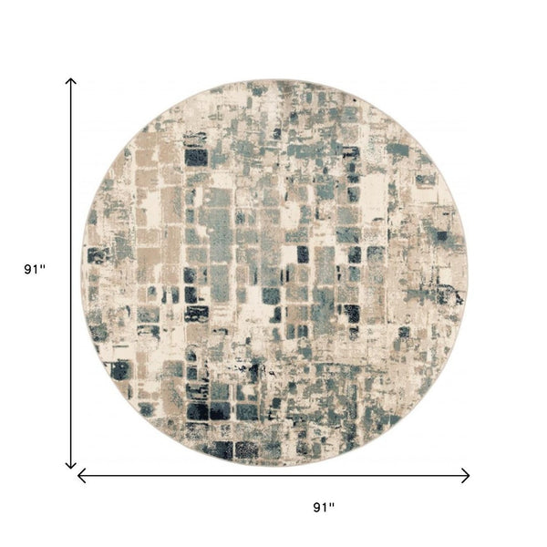 HomeRoots 8' Abstract Geometric Area Rug in Blue and Beige - Stylish, Stain-Resistant Design for Modern Homes 8' Round 475598