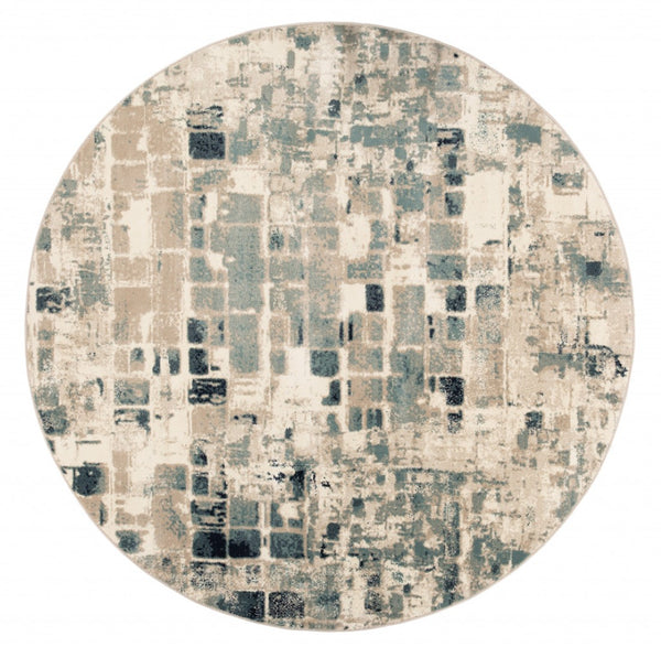 HomeRoots 8' Abstract Geometric Area Rug in Blue and Beige - Stylish, Stain-Resistant Design for Modern Homes 8' Round 475598