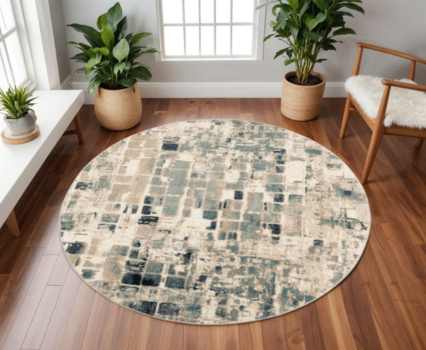 HomeRoots 8' Abstract Geometric Area Rug in Blue and Beige - Stylish, Stain-Resistant Design for Modern Homes 8' Round 475598
