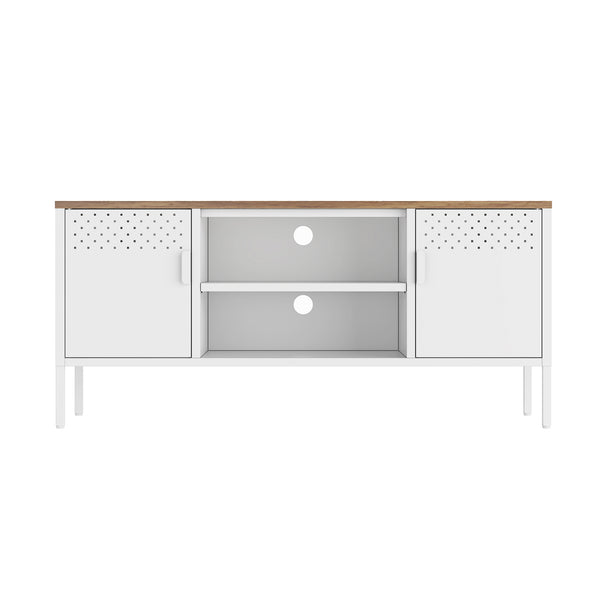 English Elm Landen 47" Metal Storage Cabinet with Wood Top and Cable Management — Sleek Industrial TV Console, Adjustable Legs White B365P397849