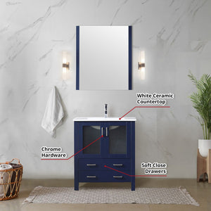 English Elm Navy Blue Bath Vanity With White Ceramic Top, Chrome Faucet & 28 In. Mirror - Stylish & Functional! B2731S01287