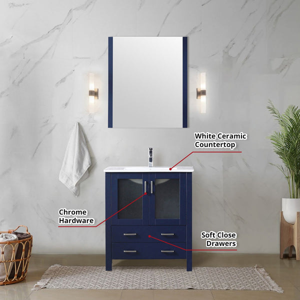 English Elm Navy Blue Bath Vanity With White Ceramic Top, Chrome Faucet & 28 In. Mirror - Stylish & Functional! B2731S01287