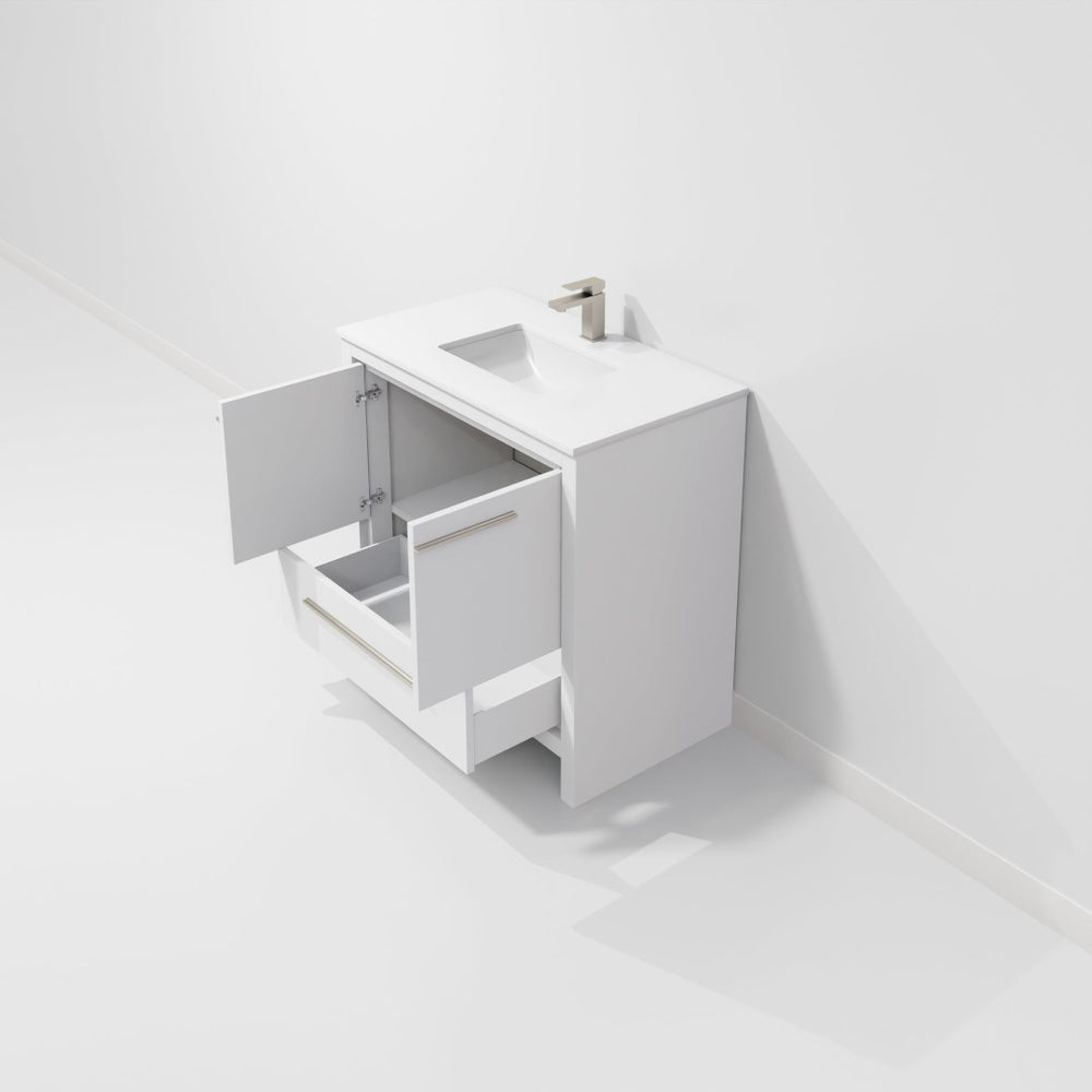 English Elm White Bath Vanity 36" W X 20" D With Durable Cultured Marble Top & Stylish Gun Metal Faucet Set B2731P259381-GIGA