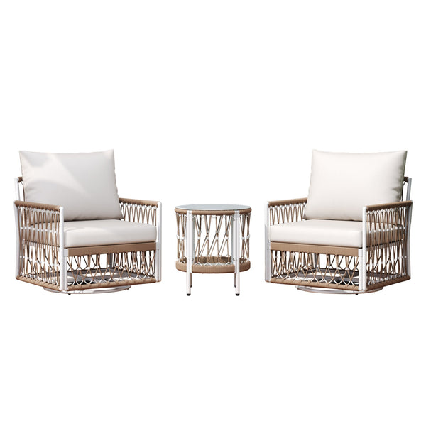 English Elm Christopher Knight Home® - 3-Piece Bohemian Outdoor Furniture Set - Swivel Chairs & Glass Table - Stylish, Durable, Waterproof Cushions N767P306731B_N767P306733B