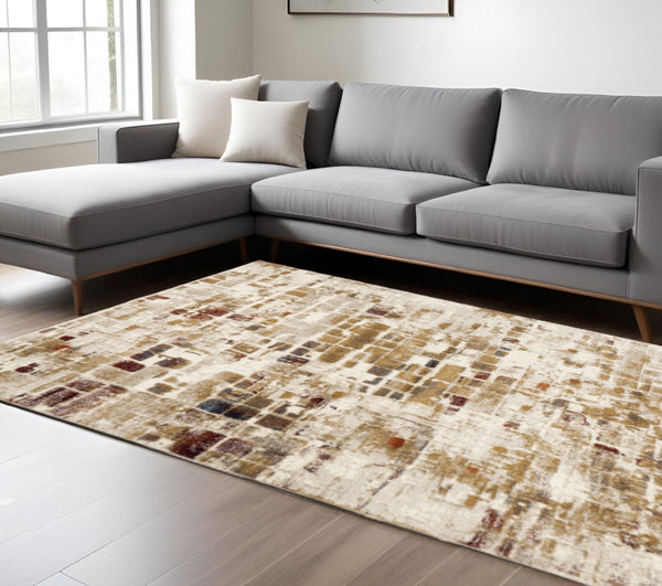 HomeRoots 5' Natural and Brown Abstract Area Rug - Modern, Durable Design for High-Traffic Family Spaces 8' X 11' 475602