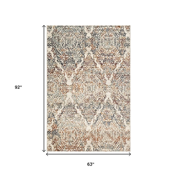 HomeRoots 5' Timeless Ivory, Rust, and Green Oriental Area Rug - Durable, Stain-Resistant Design for Any Space 5' X 8' 475606