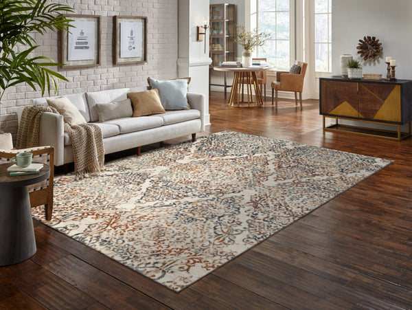 HomeRoots 5' Timeless Ivory, Rust, and Green Oriental Area Rug - Durable, Stain-Resistant Design for Any Space 5' X 8' 475606