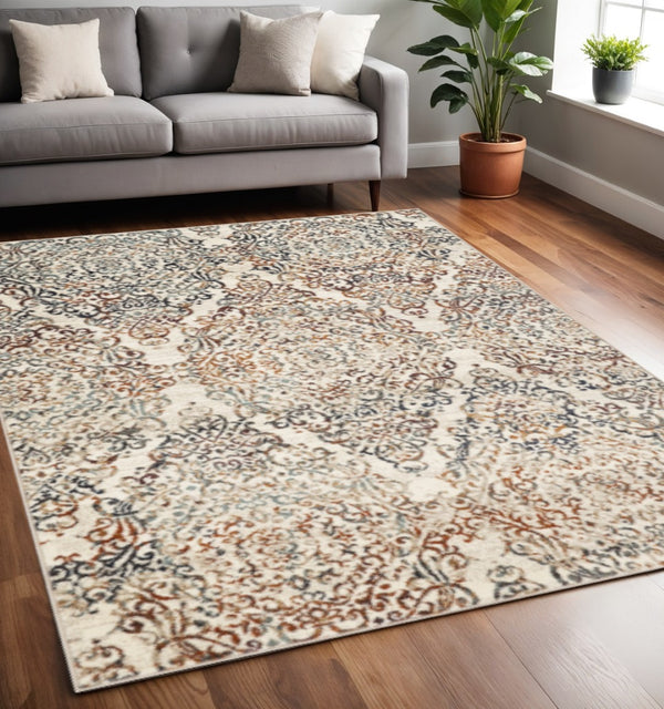 HomeRoots 5' Timeless Ivory, Rust, and Green Oriental Area Rug - Durable, Stain-Resistant Design for Any Space 5' X 8' 475606
