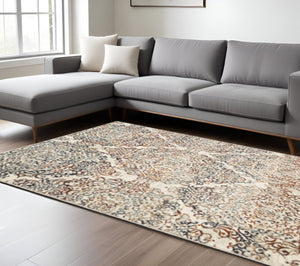 HomeRoots 5' Timeless Ivory, Rust, and Green Oriental Area Rug - Durable, Stain-Resistant Design for Any Space 8' X 11' 475607