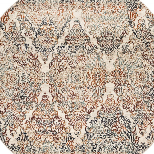HomeRoots 8' Elegant Ivory, Rust, and Green Oriental Rug - Timeless Style, Stain-Resistant, Easy Care Solution 8' Round 475608