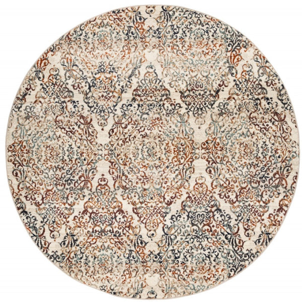 HomeRoots 8' Elegant Ivory, Rust, and Green Oriental Rug - Timeless Style, Stain-Resistant, Easy Care Solution 8' Round 475608