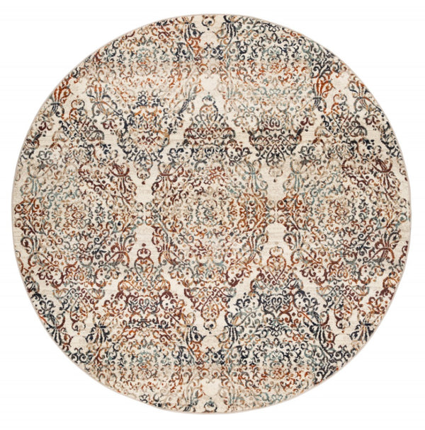 HomeRoots 8' Elegant Ivory, Rust, and Green Oriental Rug - Timeless Style, Stain-Resistant, Easy Care Solution 8' Round 475608