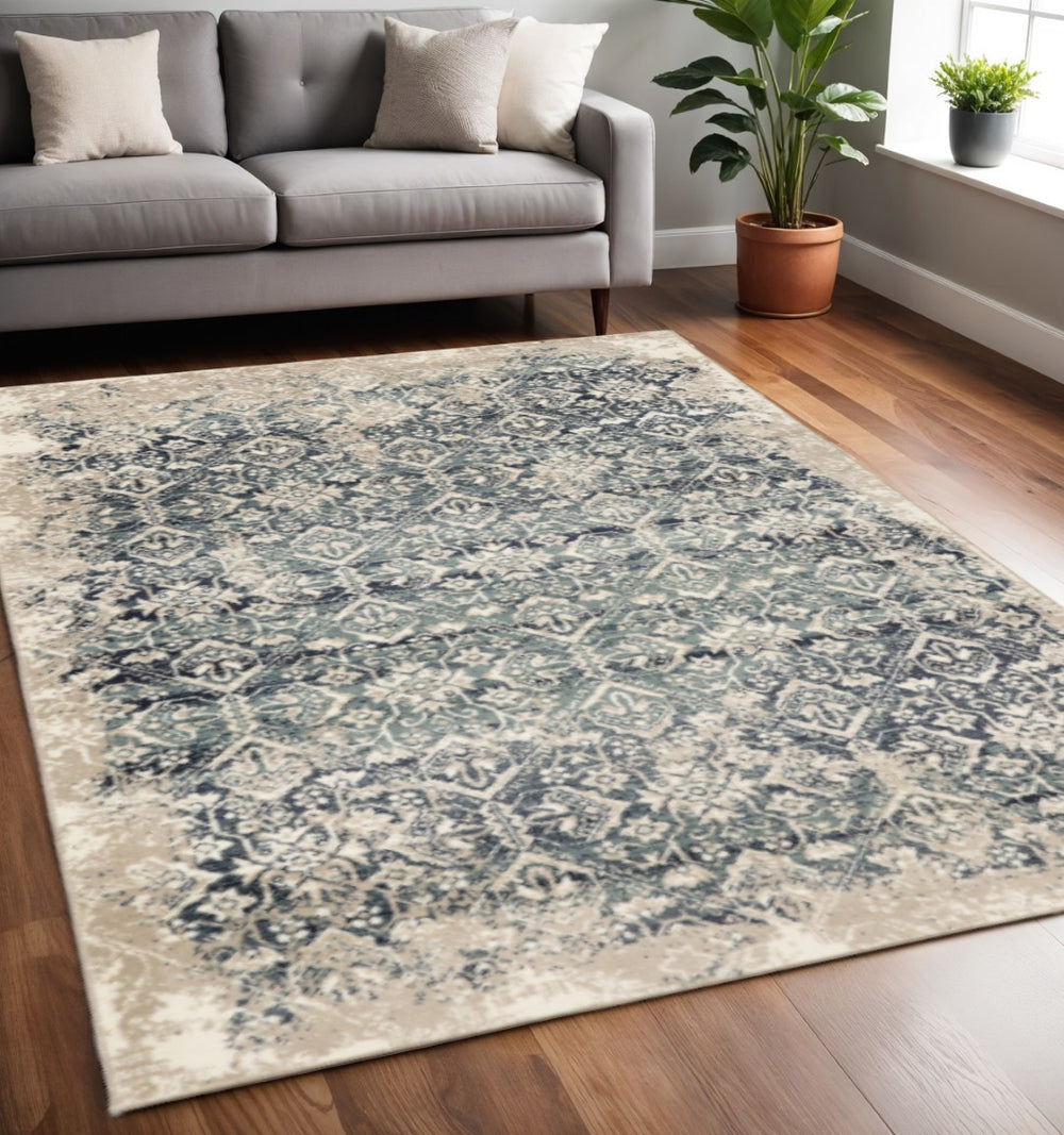 HomeRoots 5' Elegant Ivory and Blue Oriental Area Rug - Durable, Stain-Resistant, Perfect for Any Room Decor 5' X 8' 475611
