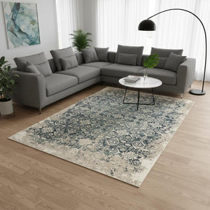 HomeRoots 5' Elegant Ivory and Blue Oriental Area Rug - Durable, Stain-Resistant, Perfect for Any Room Decor 8' X 11' 475612