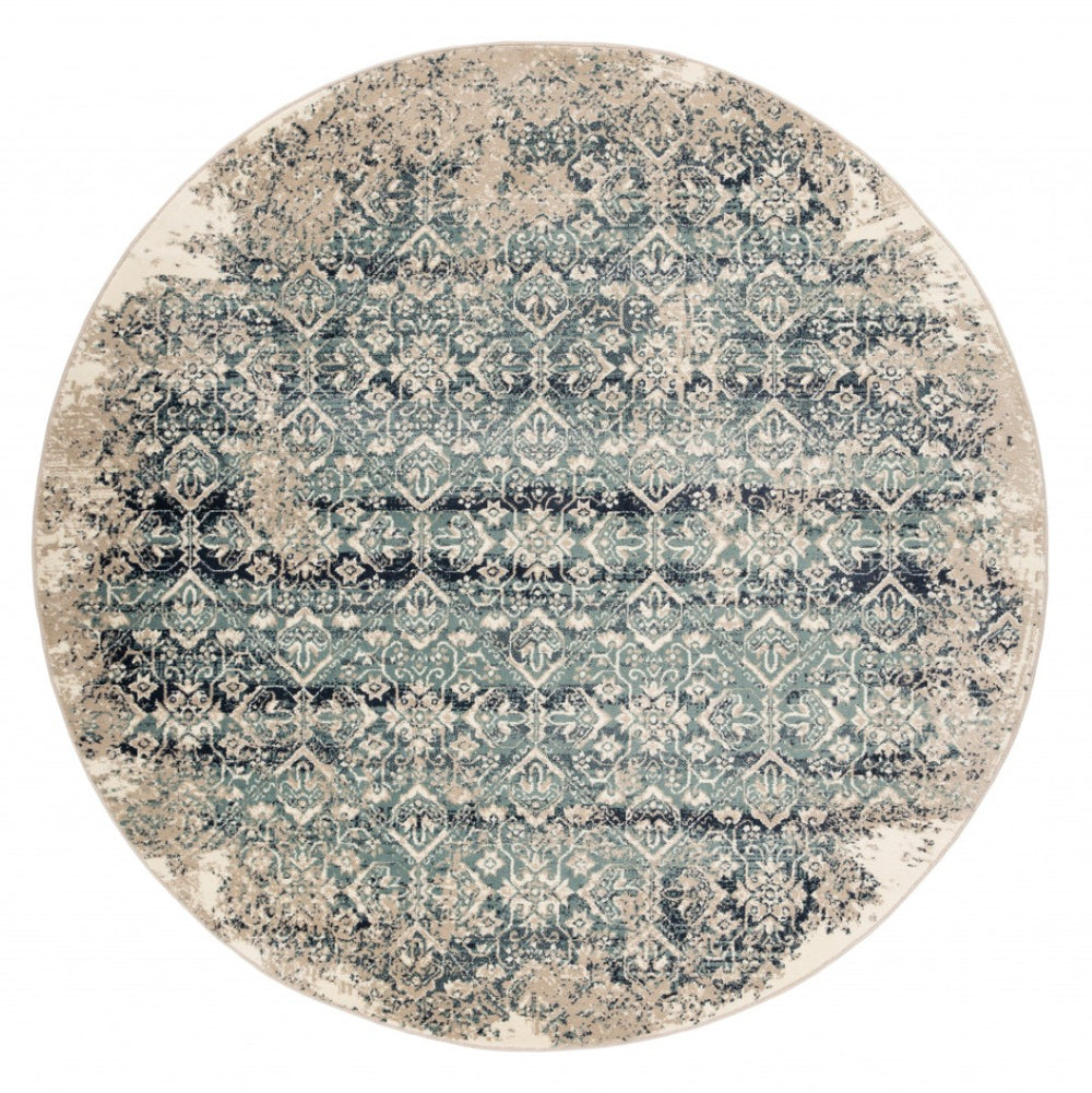 HomeRoots 8' Elegant Ivory and Blue Oriental Area Rug - Timeless Design for Modern Homes and Versatile Spaces 8' Round 475613