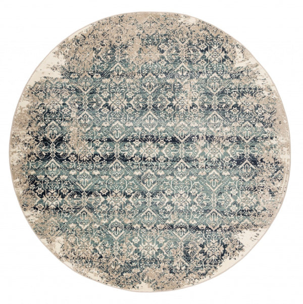 HomeRoots 8' Elegant Ivory and Blue Oriental Area Rug - Timeless Design for Modern Homes and Versatile Spaces 8' Round 475613