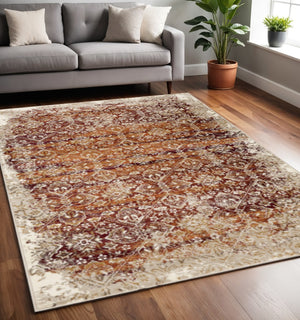 HomeRoots 5' Elegant Rust and Ivory Oriental Area Rug - Durable, Stain-Resistant, Perfect for Busy Homes 5' X 8' 475616