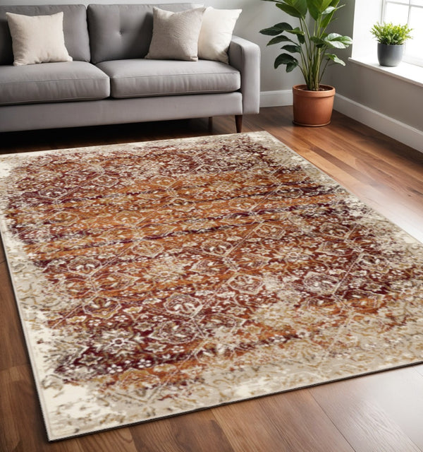 HomeRoots 5' Elegant Rust and Ivory Oriental Area Rug - Durable, Stain-Resistant, Perfect for Busy Homes 5' X 8' 475616
