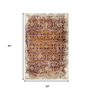 HomeRoots 5' Elegant Rust and Ivory Oriental Area Rug - Durable, Stain-Resistant, Perfect for Busy Homes 5' X 8' 475616