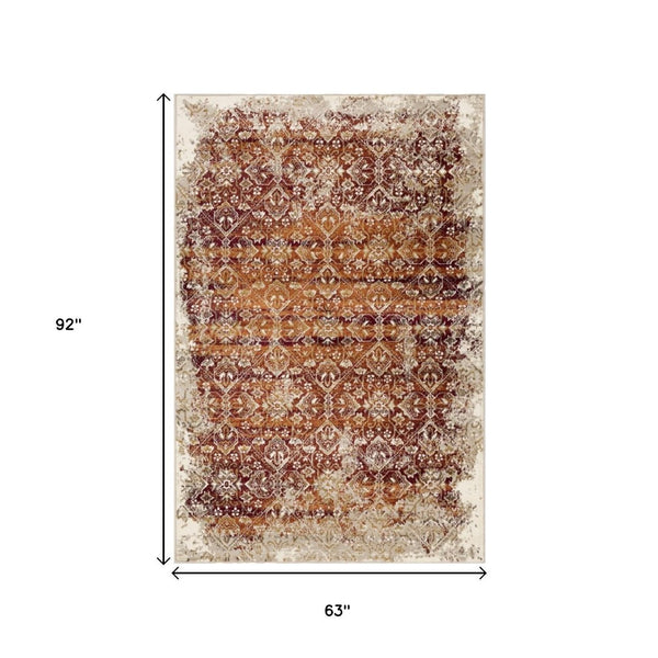 HomeRoots 5' Elegant Rust and Ivory Oriental Area Rug - Durable, Stain-Resistant, Perfect for Busy Homes 5' X 8' 475616