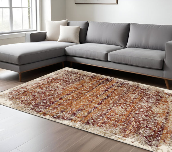 HomeRoots 5' Elegant Rust and Ivory Oriental Area Rug - Durable, Stain-Resistant, Perfect for Busy Homes 8' X 11' 475617