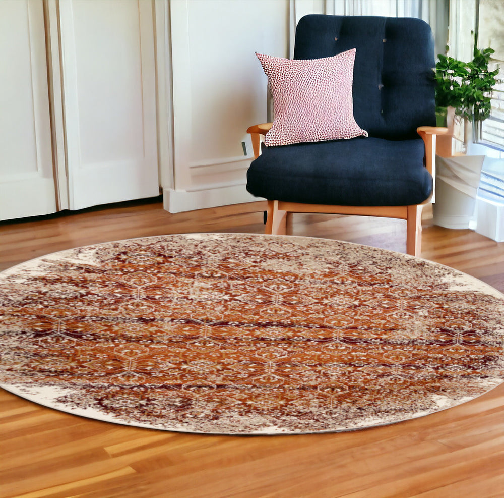 Homeroots 8' Rust Round Oriental Area Rug  Polypropylene 475618