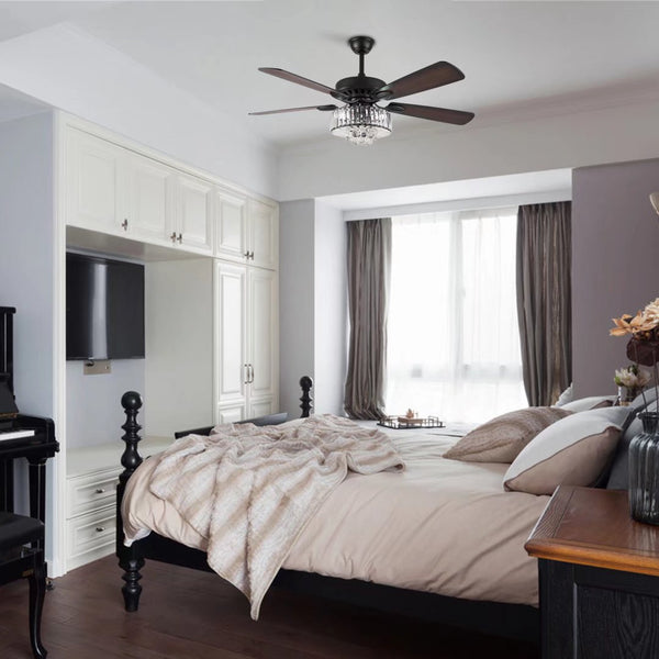 Homeroots Dark Brown Wooden And Faux Crystal Chandelier Ceiling Fan  Wood,Crystal 475637