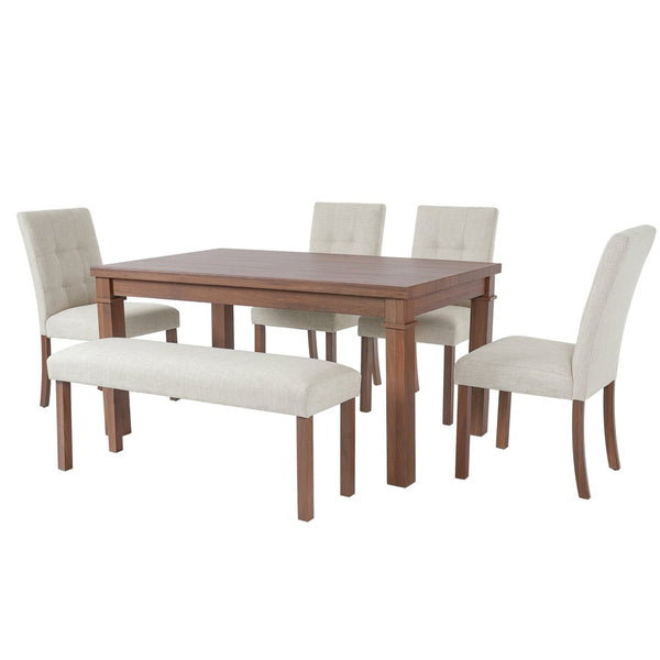English Elm 6-piece Rectangular Dining Set with Wood Grain Table Four Upholstered Chairs and Bench Walnut N752S000012D
