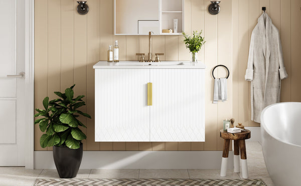 English Elm 30" Vintage Bathroom Vanity with Ceramic Sink — Wall-Mount MDF & Solid Wood Cabinet, Storage, Sleek Finish White N710P214100K