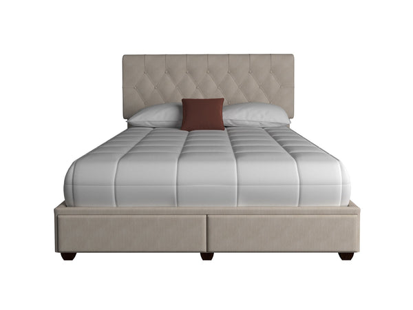 English Elm King Upholstered Storage Bed with 2 Spacious Drawers, Sleek Polyester Fabric, Modern Platform Design Light beige 82 L x 26.75 W x 16.75 H B2699P293585