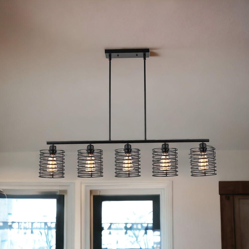 Homeroots Industrial Black Cage Five Light Metal Pendant Chandelier   475685