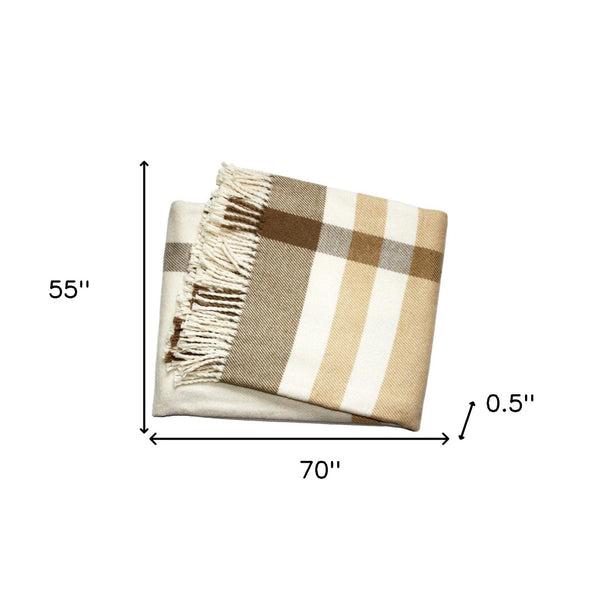 HomeRoots Plush Multi Beige Plaid Throw Blanket with Luxurious Tassels – Cozy, Stylish & Versatile Home Accent 475706