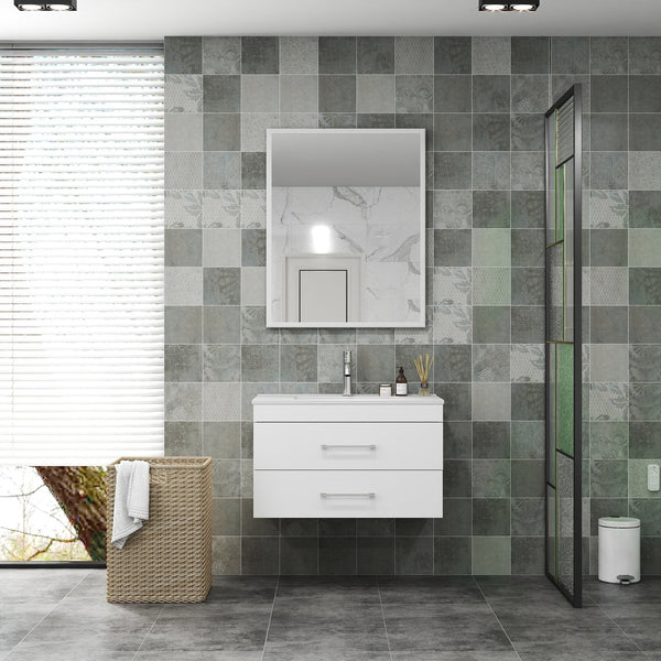 English Elm 32-Inch Wall-Mounted Bathroom Vanity - Modern Glossy White Design With Soft-Close Drawers & Sink W3151S00004