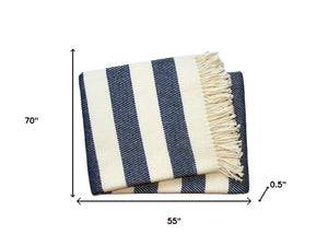 HomeRoots 55" Blue and Cream Striped Plush Throw Blanket - Cozy Cabana Style for Home, Travel, and Relaxation 475716