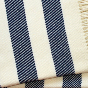 Homeroots Cream And Navy Blue Slanted Stripe Fringed Throw Blanket  Cotton 475716