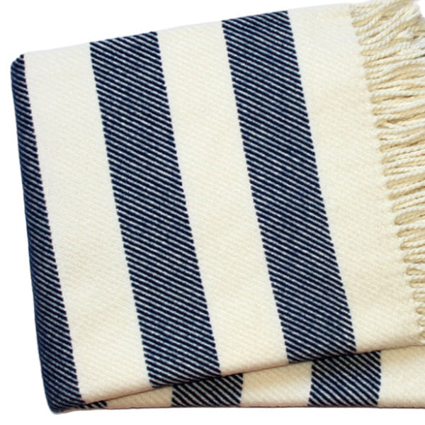 Homeroots Cream And Navy Blue Slanted Stripe Fringed Throw Blanket  Cotton 475716