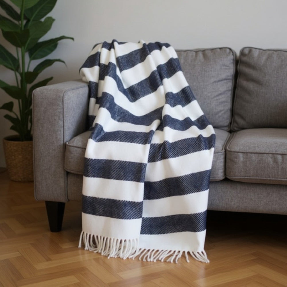 HomeRoots 55" Blue and Cream Striped Plush Throw Blanket - Cozy Cabana Style for Home, Travel, and Relaxation 475716