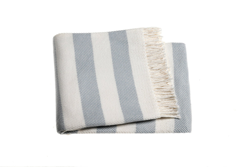 Homeroots Cream And Sky Blue Slanted Stripe Fringed Throw Blanket  Cotton 475717