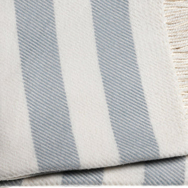 Homeroots Cream And Sky Blue Slanted Stripe Fringed Throw Blanket  Cotton 475717