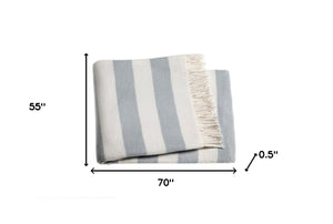 Homeroots Cream And Sky Blue Slanted Stripe Fringed Throw Blanket  Cotton 475717
