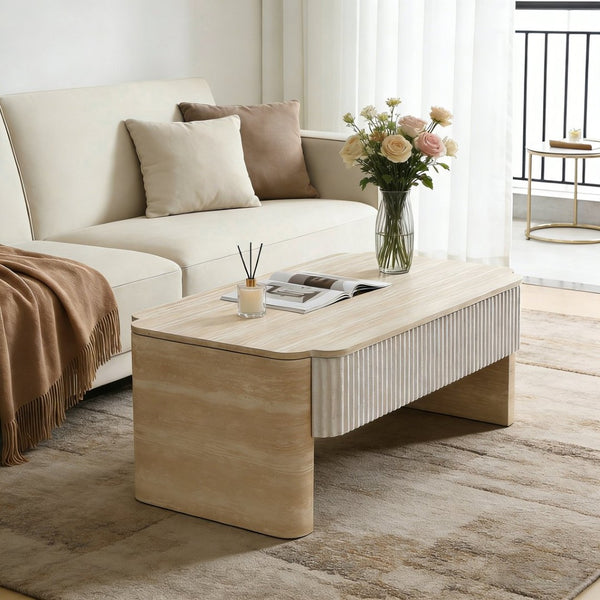 English Elm Rounded Edge Coffee Table Solid Wood Engraved Drawer Modern Living Room Storage W3040P428642