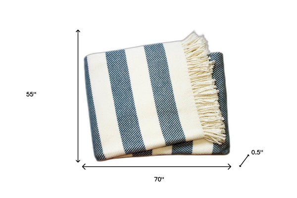 Homeroots Cream And Slate Slanted Stripe Fringed Throw Blanket  Cotton 475718