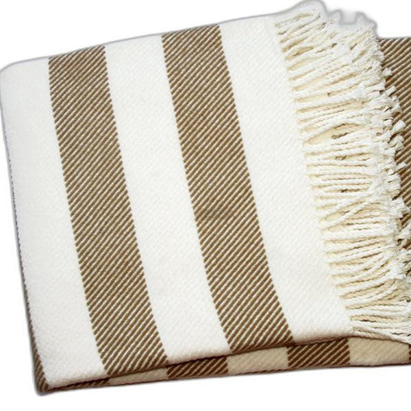 Homeroots Cream And Stone Slanted Stripe Fringed Throw Blanket  Cotton 475719