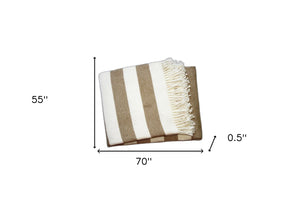 Homeroots Cream And Stone Slanted Stripe Fringed Throw Blanket  Cotton 475719