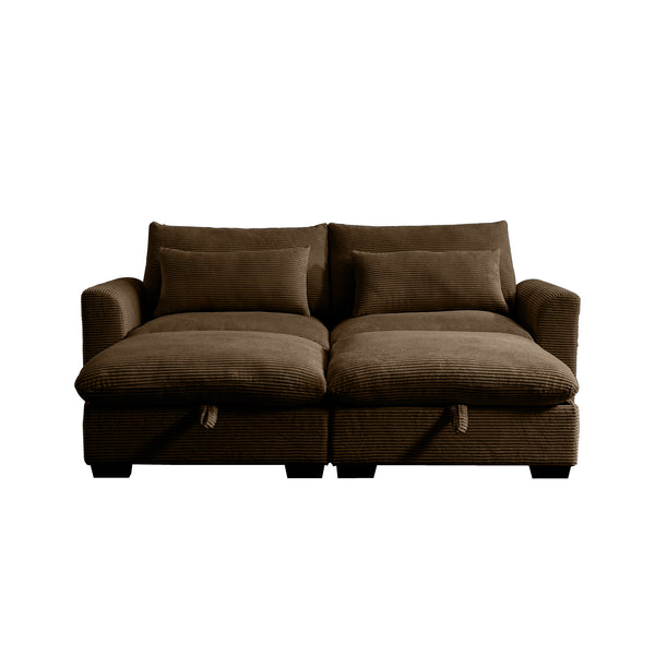 English Elm Corduroy Two-Seater Sofa With Storage Footrests - Versatile Modular Sectional For Modern Living W714S00658