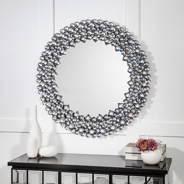 Homeroots Round Diamond Jeweled Wall Mirror  Mdf ,Glass ,Crystals 475764